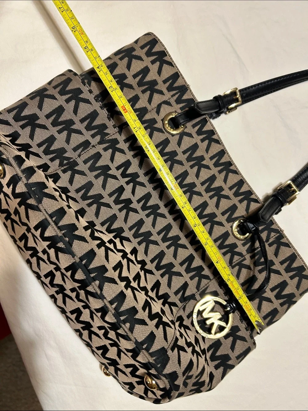 Michael Kors Black and Tan MK Logo Tote with Gold Hardware